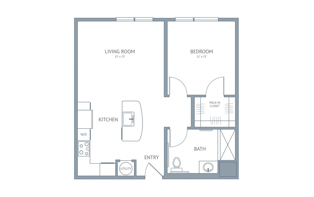 Adams - 1 bedroom floorplan layout with 1 bath and 671 square feet.