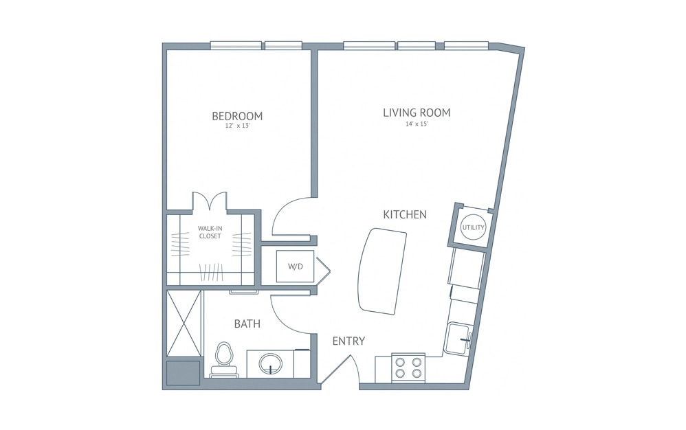 Ellington - 1 bedroom floorplan layout with 1 bath and 652 square feet.