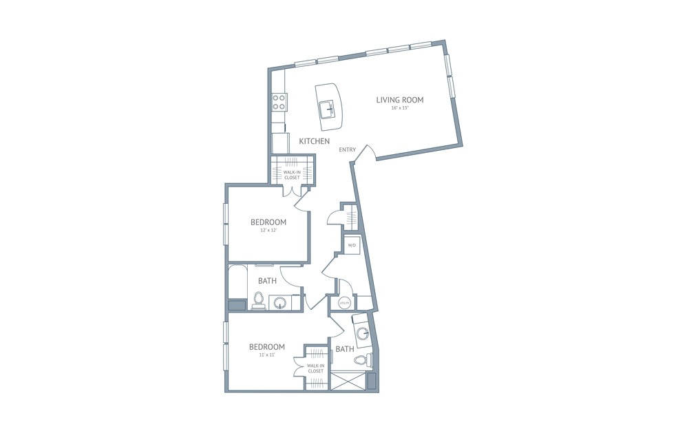 O'Keeffe - 2 bedroom floorplan layout with 2 baths and 1047 square feet.
