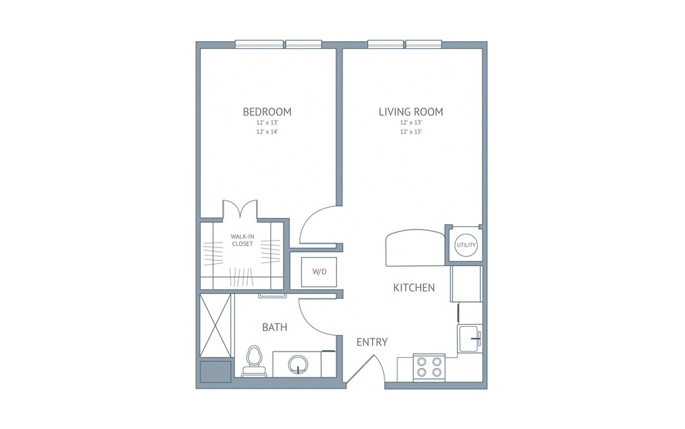 Van Gogh - 1 bedroom floorplan layout with 1 bath and 598 square feet.