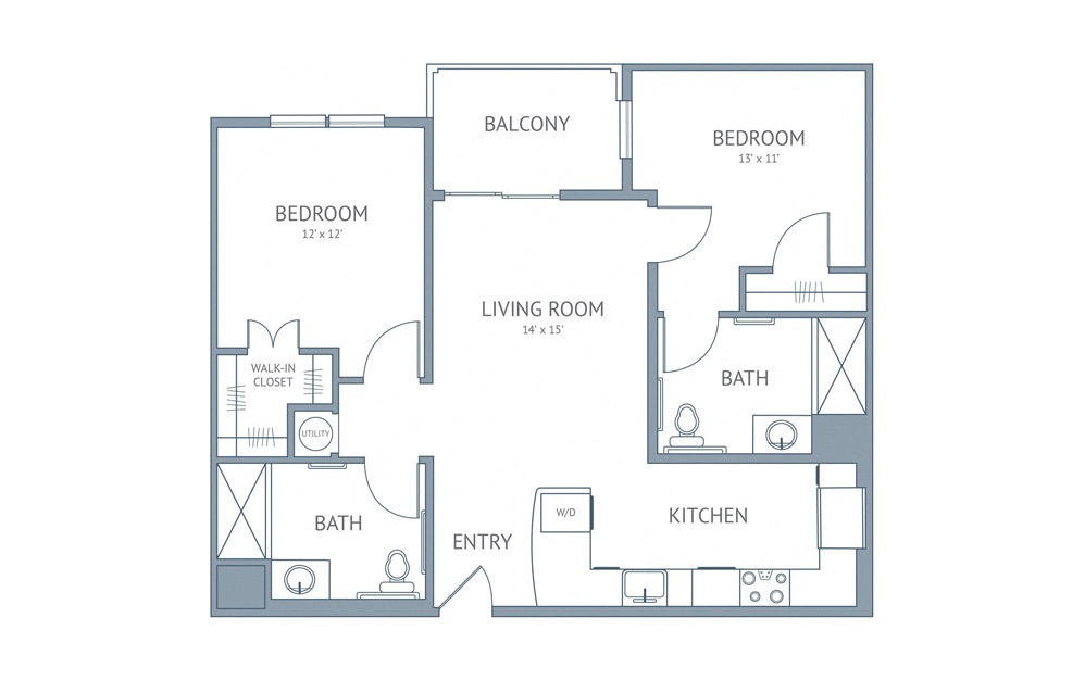 Wright - 2 bedroom floorplan layout with 2 baths and 889 square feet.